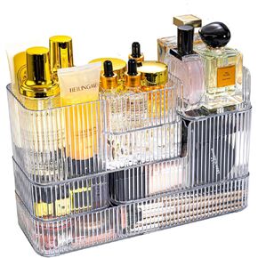 Nervure 6PCS Makeup Organizers Set - 4 Size Stackable Drawer Organizers - Vanity Desk Organizer with Adjustable Dividers for Cosmetic, Stationery in Bathroom & Kitchen & Office-Brown