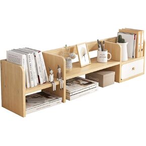 Standing Bookcase Bookshelf with 1 Drawer Bookcase Wood Desktop Storage Organizer Display Shelf Rack for Office and Home, Natural Color Desktop Book Stand