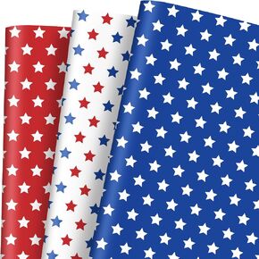 JarThenaAMCS 9 Sheet Star Wrapping Paper -Not Roll- Red Blue White Gift Wrap Craft Paper Folded Flat for 4th of July Independence Day Patriotic Birthday Baby Shower Party DIY Crafts, 19.7 x 27.6 Inch
