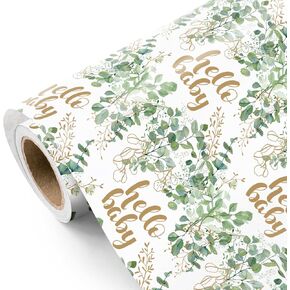 WRAPAHOLIC Baby Shower Wrapping Paper - Mini Roll - 17 Inch x 16.5 Feet - Hello Baby Eucalyptus Greenery Wrapping Paper for Baby Shower, Baptism Gift Wrap, Kids Birthday