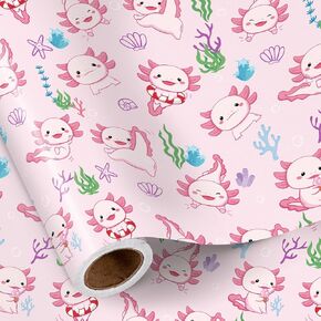 RUSPEPA Wrapping Paper Roll for Girls Kids, Mini Roll, Cute Axolotl and Ocean Coral, Seaweed and Seashell Design, Pink Gift Wrap Ideal for Baby Shower, Girls’ Birthday Party, 17 Inches x 16.4 Feet