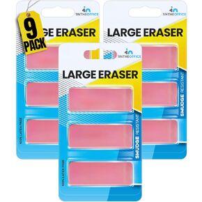 1InTheOffice Pink Erasers, Bevel Erasers, Eraser for Pencils, Large Size, Latex Free, 9 Pack