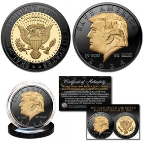 Donald Trump 2024 Save America USA 1OZ. Coin Black Ruthenium & Gold Tribute Coin with Certificate and Stand