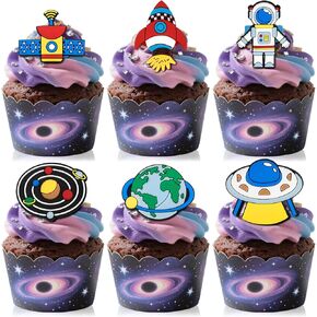 24 PCS Space Astronaut Cupcake Ring Toppers Planet Rocket Spaceship Trip to the Moon Cupcake Picks Space Themed Party Cake Decorations for Kids Birthday Baby Shower Outer Space Themed Party Supplies