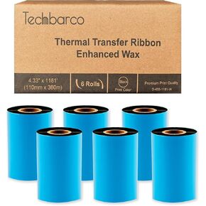 6 Rolls 4.33" x 1181' (110mm x 360m) Enhanced Wax Thermal Transfer Ribbon, Core 1", Black, CSI (Coated Side in), Barcode Ribbon Compatible with Datamax Printers