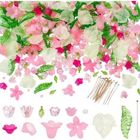 NBEADS 417 Pcs Acrylic Assorted Beads Kit, Frosted Flower Beads Caps Maple Leaf Acrylic Pendants Leaf Loose Beads Earring Making Kit with Faceted Glass Beads Brass Ball Pins for Jewelry Making