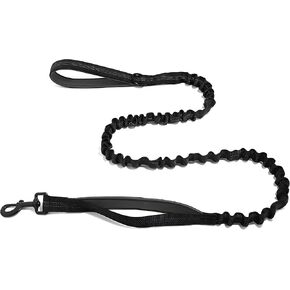 Bungee Dog Leash with Shock Absorption, Dual Handles for Pull Control, Reflective Nylon, Zinc Alloy Hook, D-Ring for Poop Bags, Black, L