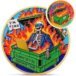 Skull Dumpster Fire Response Team Coin - The Strongest Steel is Forged Fire Challenge Coin - Emotional Support This is Fine Chip - Funny Desk Accessories for Work - Inspirational Gifts for Men Women