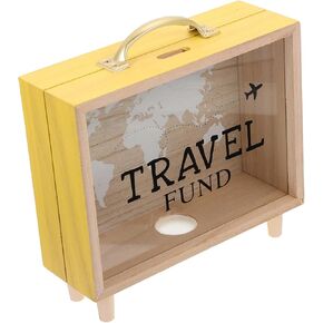 Money Saving Jar Travel Fund Piggy Bank Wooden Suitcase Bank Counting Money Jar Funny Money Bank Desktop Decor for House Warming Retirement Khaki Wood Money Case