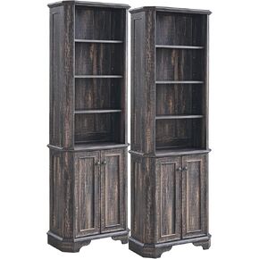 T4TREAM 72" Tall Bookshelf Set of 2 with Storage, Farmhouse Bookcase with Doors and 4-Tier Semi-Open Adjustable Shelves, Wooden Floor Standing Display Book Shelf for Home Office, Reclaimed Barnwood