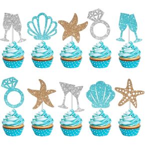 Last Toast on The Coast Bachelorette Decorations 24Pcs Glitter Coastal Beach Party Cupcake Toppers Sea Shell Starfish Ring Wine Cup Cupcake Toppers for Summer Beach Bachelorette Party Supplies