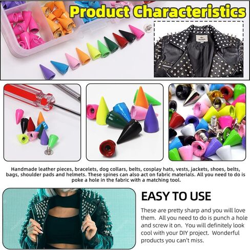 Mardatt 152Pcs 7x12MM Bullet Cone Spikes Studs Cone Spikes Punk Studs and Spikes Metallic Screw Back Spikes Kit with Hole Punch and Screwdriver for DIY Leather Punk Style Accessories in Kuwait