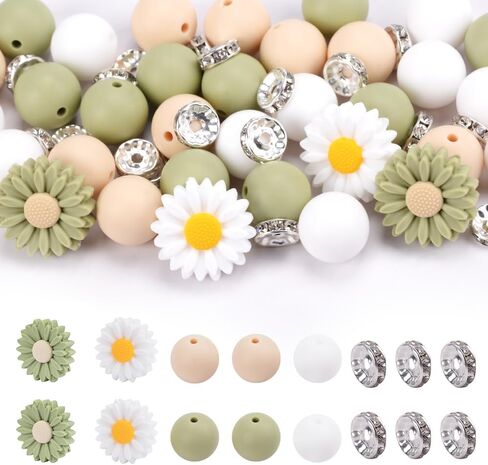 79Pcs Daisy Silicone Beads Glass Rhinestone Spacers Loose Rubber Beads for DIY Crafts Bracelets Keychain Making (Green) in Saudi Arabia