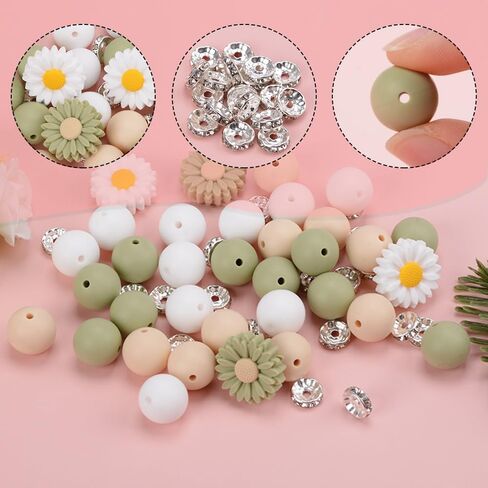 79Pcs Daisy Silicone Beads Glass Rhinestone Spacers Loose Rubber Beads for DIY Crafts Bracelets Keychain Making (Green) in Saudi Arabia