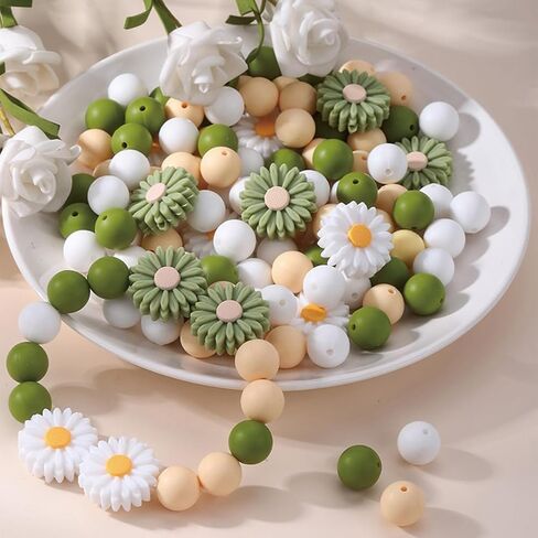 79Pcs Daisy Silicone Beads Glass Rhinestone Spacers Loose Rubber Beads for DIY Crafts Bracelets Keychain Making (Green) in Saudi Arabia