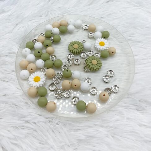 79Pcs Daisy Silicone Beads Glass Rhinestone Spacers Loose Rubber Beads for DIY Crafts Bracelets Keychain Making (Green) in Saudi Arabia