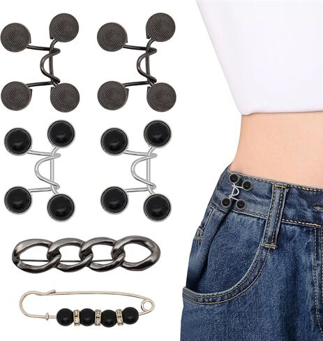 6 Set Pant Waist Tightener Buttons Pins for Loose Jeans Reusable Waist Cincher Clip to Waistband Tightener Adjuster Metal Pearl Brooch for Jeans Dresses Skirts No Sewing or Tools (BLACK) in Kuwait