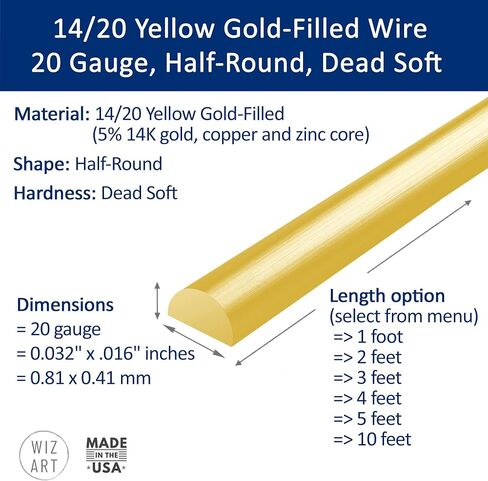 22 Gauge, Half-Round, Dead Soft, 14/20 Yellow Gold-Filled Wire - 2 FT - for Jewelry Art from WIZART in Kuwait