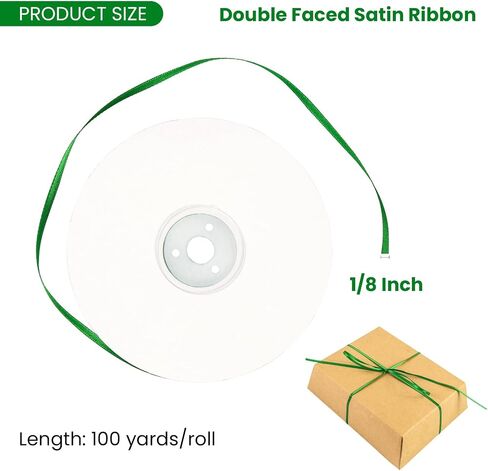 Double Face Green Satin Ribbon 1/8 inch X 100 Yards, Thin Ribbon Craft Fabric Ribbon Polyester Ribbons for Gift Wrapping, Wedding, Bow Making, Wreath, DIY Sewing (Green) in Saudi Arabia