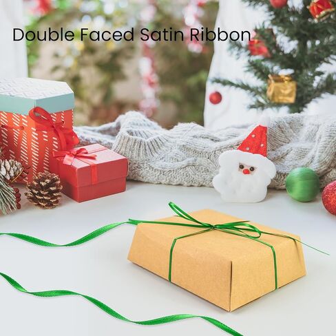 Double Face Green Satin Ribbon 1/8 inch X 100 Yards, Thin Ribbon Craft Fabric Ribbon Polyester Ribbons for Gift Wrapping, Wedding, Bow Making, Wreath, DIY Sewing (Green) in Saudi Arabia