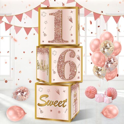 3pcs حلوة 16 صناديق زخارف الحفلات للبنات نساء ، وردية الورد الذهب الذهب 16th البالونات عيد ميلاد الصناديق لوازم الحفل in Kuwait