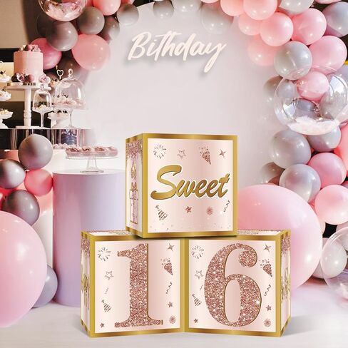 3pcs حلوة 16 صناديق زخارف الحفلات للبنات نساء ، وردية الورد الذهب الذهب 16th البالونات عيد ميلاد الصناديق لوازم الحفل in Kuwait