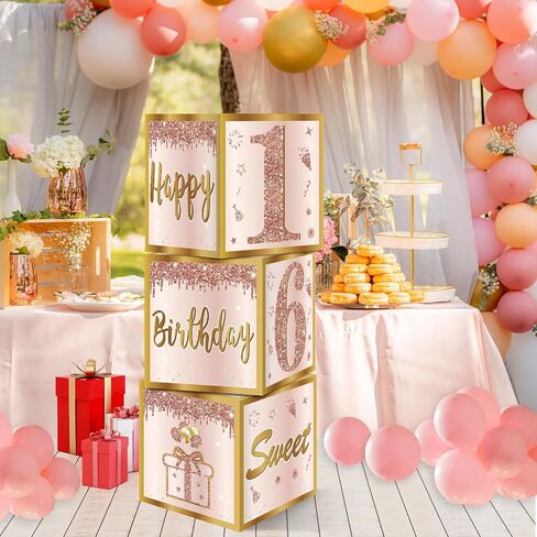3pcs حلوة 16 صناديق زخارف الحفلات للبنات نساء ، وردية الورد الذهب الذهب 16th البالونات عيد ميلاد الصناديق لوازم الحفل in Kuwait