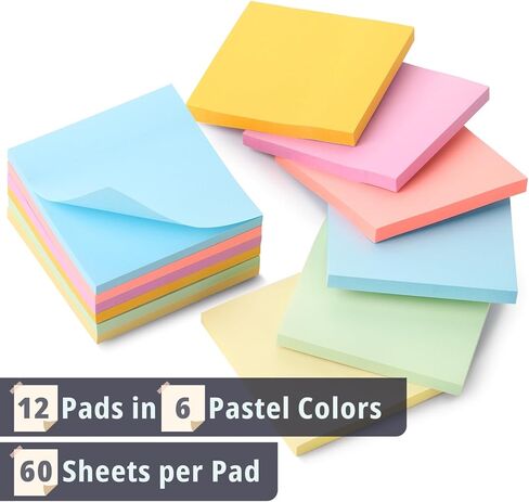Mr. Pen- Pastel Sticky Notes, 3"x3", 12 Pads, 720 Sheets, Colorful Sticky Notes 3x3, School & Office Use in Saudi Arabia