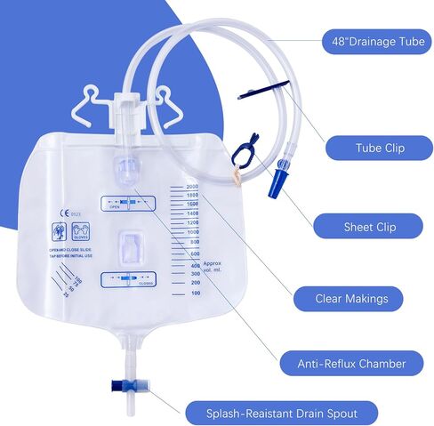 5 عبوات من أكياس تصريف البول مع حجرة مضادة للارتجاع، كيس بول للبالغين بحجم 2000 مل، حقيبة بولية احترافية للمساعدة الصحية في المنزل والمستشفيات in Kuwait