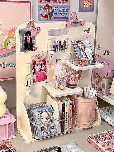 Cute Kpop Desk Organizer with Drawers Kpop Photocard Binder Cute Kawaii Desk Accessories Cute Stationary Dorm (White Large) in Saudi Arabia