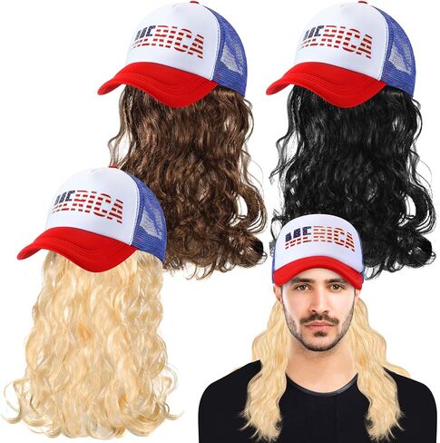 2 Pcs Mullet Hat for Men 4th of July Wig Cap with Blonde, Brown Wig Patriotic USA Hats Independence Day Accessories in Saudi Arabia