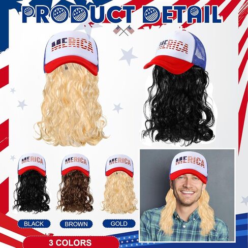 2 Pcs Mullet Hat for Men 4th of July Wig Cap with Blonde, Brown Wig Patriotic USA Hats Independence Day Accessories in Saudi Arabia