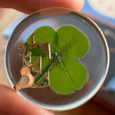 KIN-HEBI Real Four Leaf Clover Good Luck Pocket Token, Preserved, 1.25", Including Metal Ornament (Initial E) in Kuwait