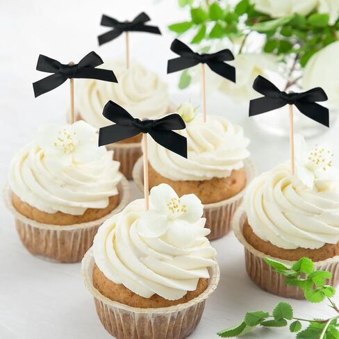 30Pcs Black Bow Cupcake Toppers, Coquette Cake Decorations for Birthday, Bridal Shower, Wedding, Bachelorette Party, Halloween, Baby Shower, Gothic Party Supplies in Saudi Arabia