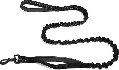 Bungee Dog Leash with Shock Absorption, Dual Handles for Pull Control, Reflective Nylon, Zinc Alloy Hook, D-Ring for Poop Bags, Black, L in Saudi Arabia