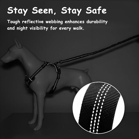 Bungee Dog Leash with Shock Absorption, Dual Handles for Pull Control, Reflective Nylon, Zinc Alloy Hook, D-Ring for Poop Bags, Black, L in Saudi Arabia