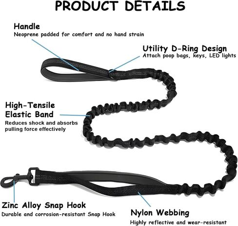 Bungee Dog Leash with Shock Absorption, Dual Handles for Pull Control, Reflective Nylon, Zinc Alloy Hook, D-Ring for Poop Bags, Black, L in Saudi Arabia