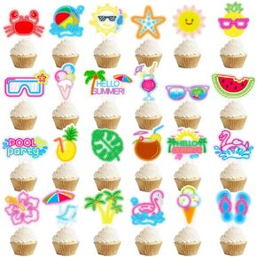 Neon Pool Party Cupcake Toppers Beach Sun Umbrella Birthday Cake Decorations 48PCS Beach Pool Cupcake Picks Hawaiian Party Decor for Baby Shower Hawaii Theme Tropical Luau Birthday Party Supplies
