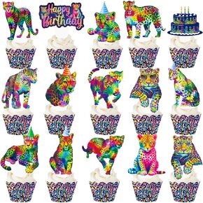 Neon Cheetah Cupcake Toppers and Wrappers 48 Pieces Neon Leopard Birthday Party Cake Decorations Rainbow Cheetah Print Cupcake Picks Wrappers for Wild Leopard Party Supplies