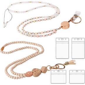 2 Pcs Lanyards for Id Badges Retractable Natural Stone Beaded Lanyards for Women Wooden Bead Silicone Teacher Lanyard with Id Holder (Simple)