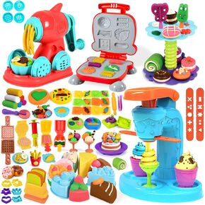 4 in 1 Dough Sets 75 PCS for Kids Ages 4-8, Dough Tools Kit with Ice Cream Noodle Hamburger Maker Machine, Dessert Rack, Kitchen Creations Art Crafts Food Play Toys for Boys Girls Ages 3+