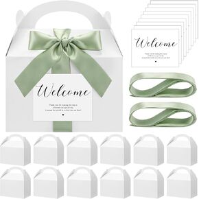 Maitys 24 Set Welcome Gable Boxes with Ribbon and Label, Large White Party Favor Treat Boxes with Handles 9 x 6 x 6 Inch Paper Goodie Gift Packaging Bags for Wedding Birthday Party(Light Blue)