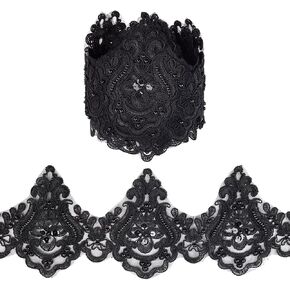 MAYJOYDIY 3Yards Black Bead Wave Lace Trim 4.9inch Vintage Inelastic Embroidery Lace Ribbon Sparkle Scalloped Edge Ribbon for Bridal Dress Wedding Party Costume Decoration