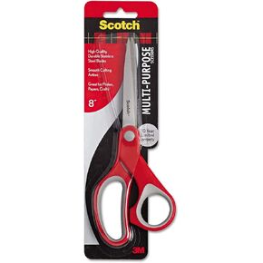 Scotch Multi-Purpose Scissors, 8" Long, 3.38" Cut Length, Gray/red Straight Handle