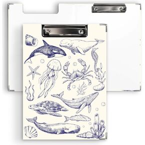Ku-dayi Coastal Ocean Beach Clipboard Padfolio with Storage Pocket, Blue and White Sea Animals Jellyfish Whale Shark Sea Turtle Crab Low Profile Clip Boards for Nurse Office Classroom, 12.4 x 9.25 in
