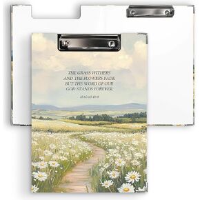 Ku-dayi Christian Floral Clipboard Padfolio with Storage Pocket, Vintage Daisy Flowers Landscape Scripture Bible Verse Isaiah 40:8 Low Profile Clip Boards for Nurse Office Classroom, 12.4 x 9.25 in