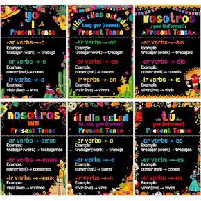 Sinload 6 Pcs Spanish Classroom Poster Set Spanish Verb Conjugation Poster Decorations Classroom Bulletin Board for Preschool Learning Language Alphabet Office Room Wall Decor(15x11 Inches,Boho)