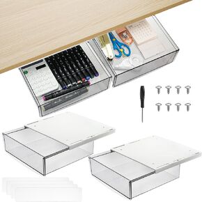SOUJOY 2 Pack Self-adhesive Under Desk Drawer, Hidden Slide Out Organizer Tray, Plastic Under Table Attachable Hidden Storage Organizer for Office Home School Kitchen Sewing Table