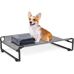 Veehoo Medium Elevated Dog Bed with Flannel Dog Blanket, Outdoor Guardrail Raised Pet Cot for Small Medium Dogs, Anti-Slip Camping Hammock Bed, Breathable Teslin Mesh Fabric, M, CWC2201B