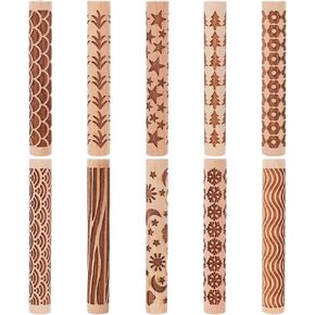 UNICRAFTALE 10Pcs Wooden Clay Texture Rollers Set for Pottery 10 Styles Ceramics Potters Stamp Roller Tools 102mm Textured Rolling Pins Modeling Pattern Rollers Kit for DIY Handmade Art Supplies